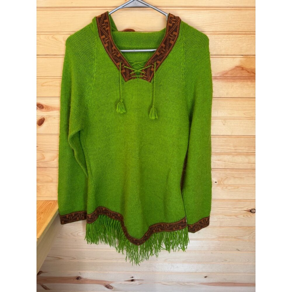Kelly Green Hooded Knit Sweater With Fringe Boho Trim & Brown Geometric Pattern